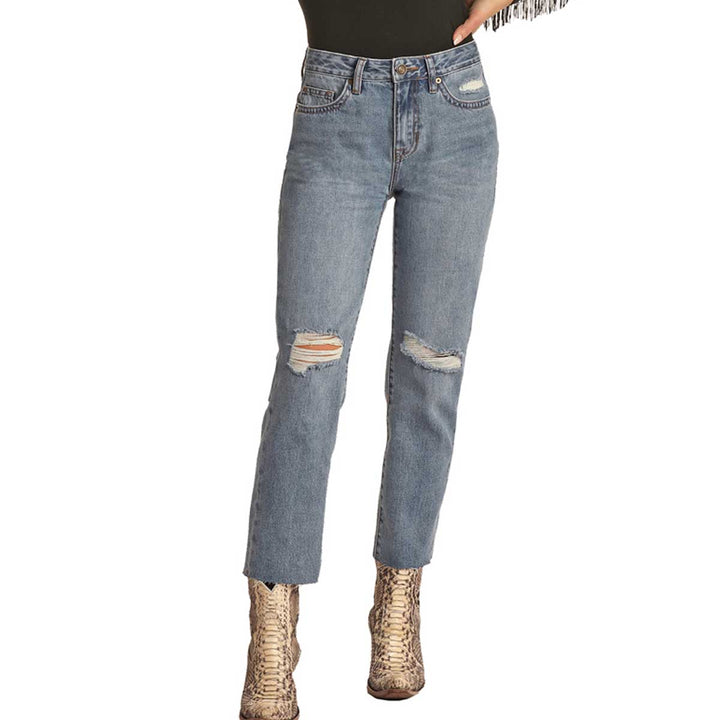 Rock & Roll Cowgirl Women's High Rise Distressed Straight Cropped Jeans
