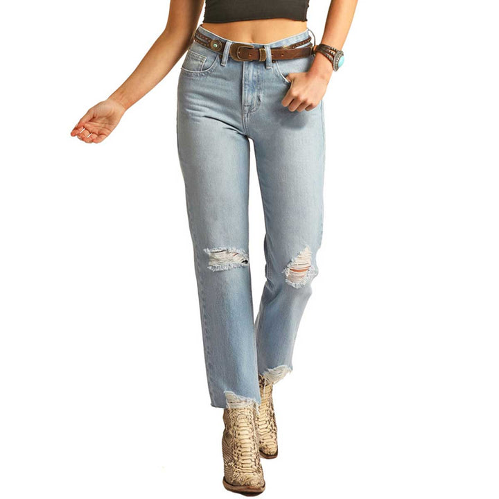 Rock & Roll Cowgirl Women's Distressed High Rise Cropped Jeans - Light Wash