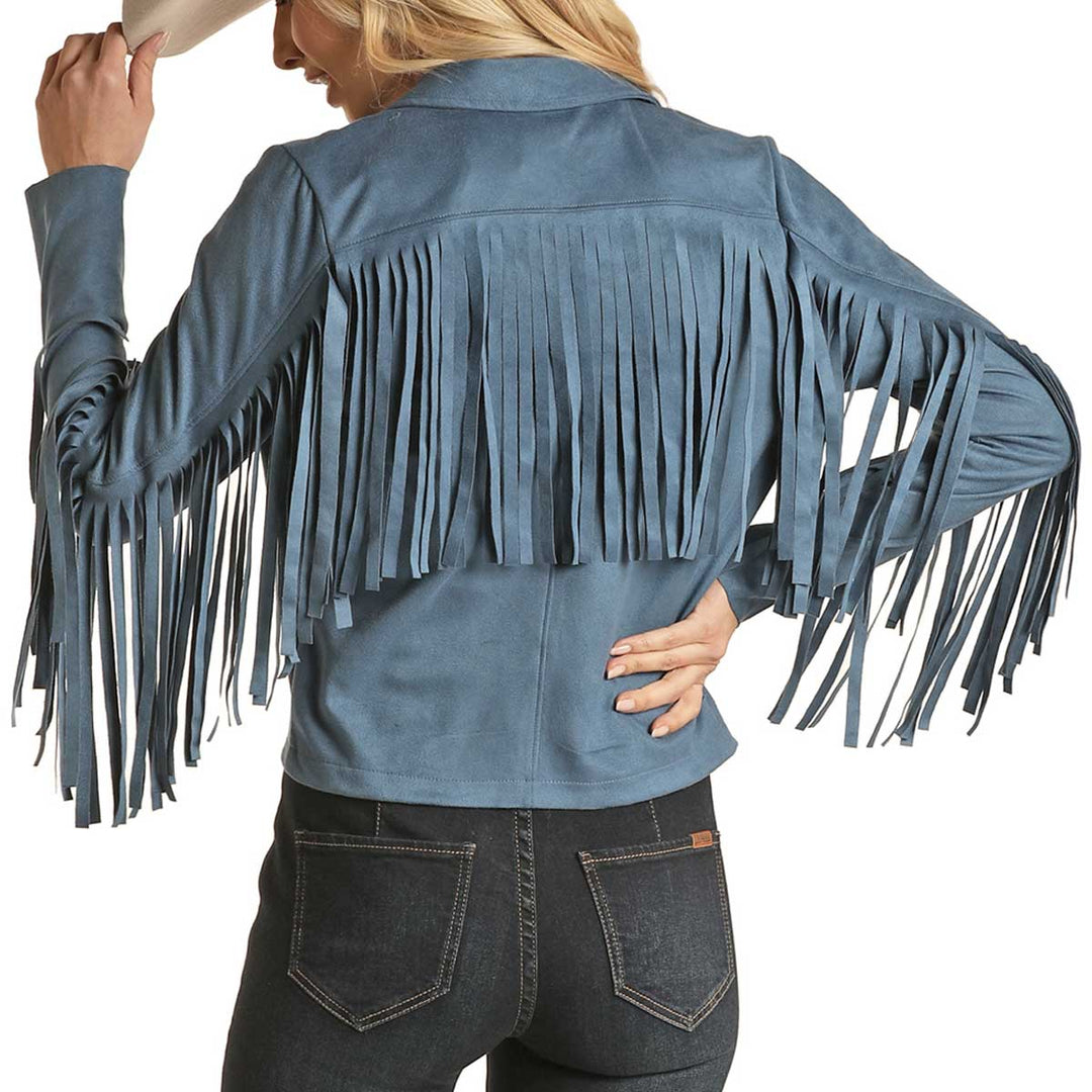 Rock & Roll Cowgirl Women's Micro Suede Jacket with Fringe - Blue