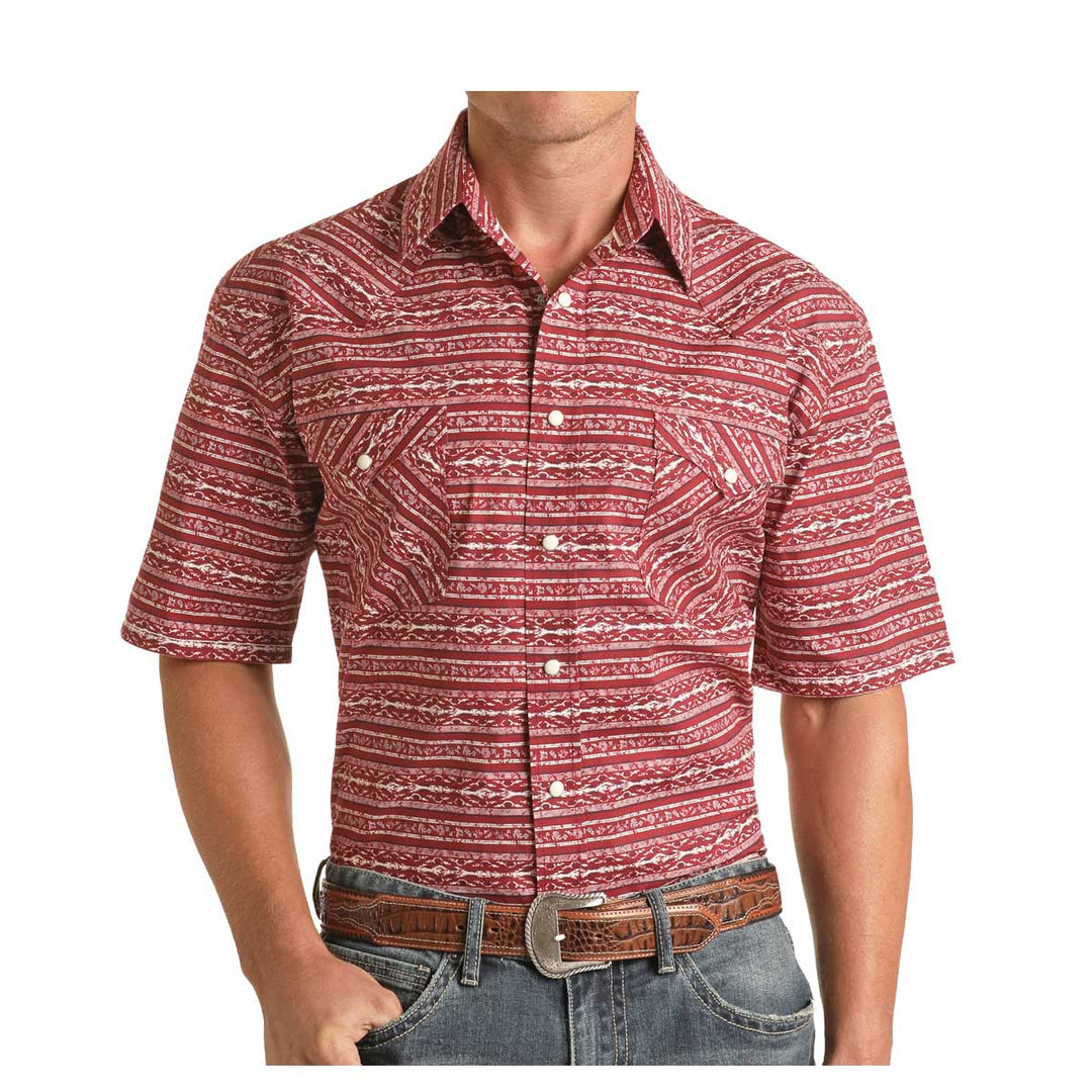 Panhandle Men's Pearl Snap Short Sleeve Shirt- Red Western Stripe
