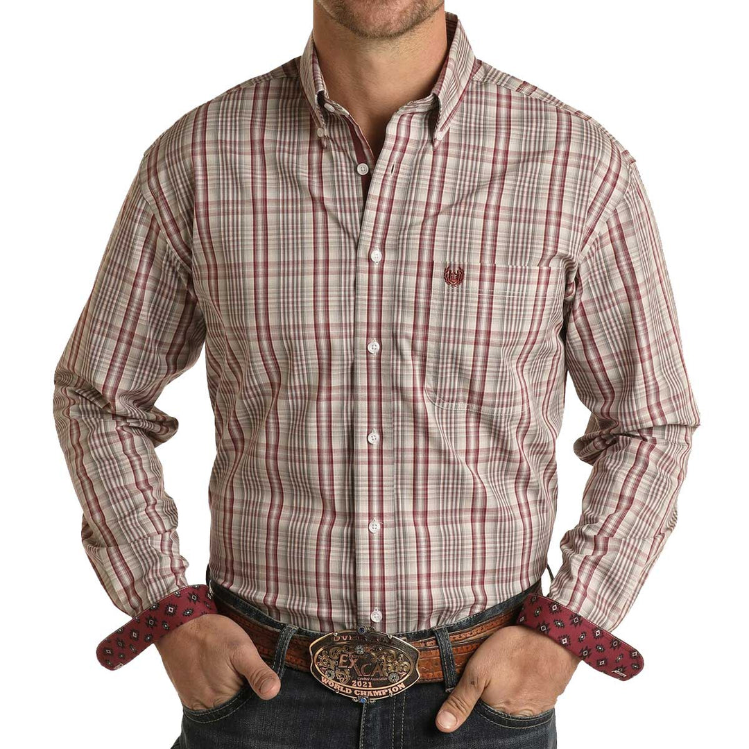 Panhandle Men's Regular Fit Stretch Plaid Long Sleeve Shirt - Maroon