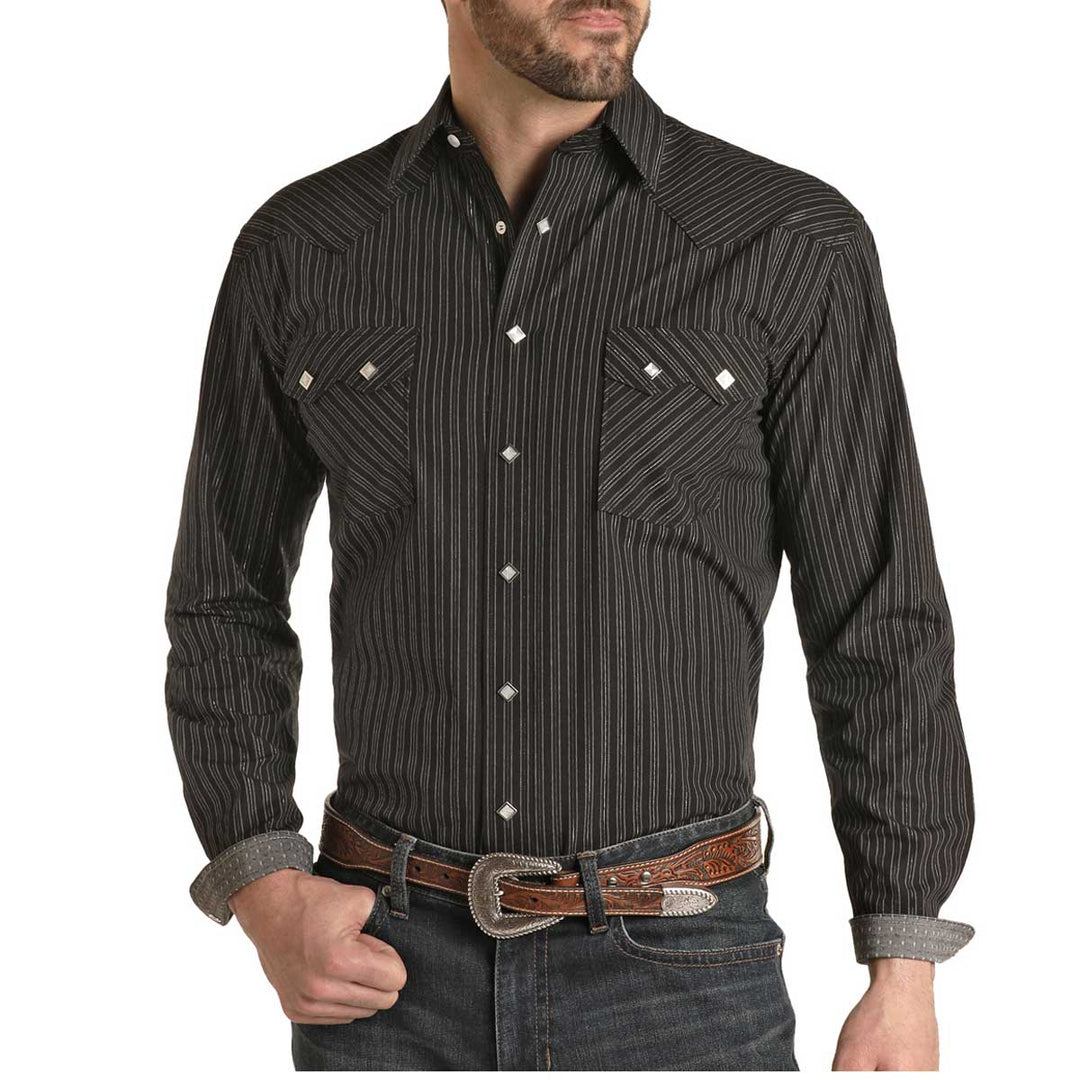 Panhandle Men's Striped Fancy Snap Long Sleeve Shirt - Black