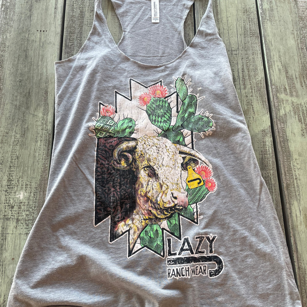 Lazy J Ranch Wear Women's Cactus Hereford Logo Racerback Tank Top - Athletic Heather-Lazy J Ranch Wear