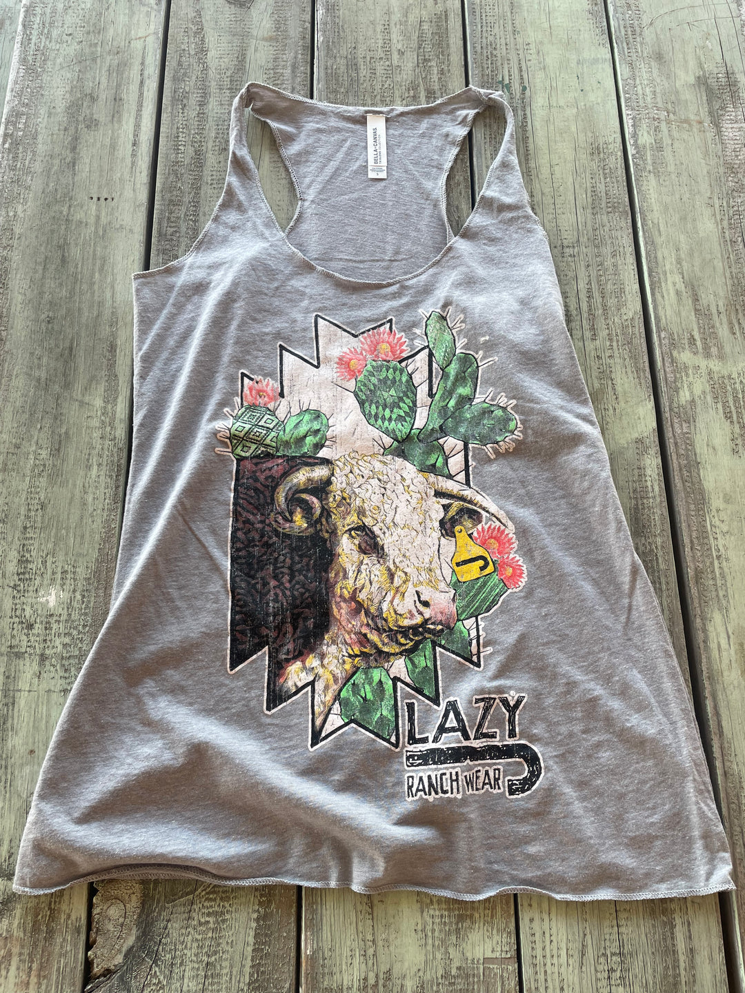 Lazy J Ranch Wear Women's Cactus Hereford Logo Racerback Tank Top - Athletic Heather