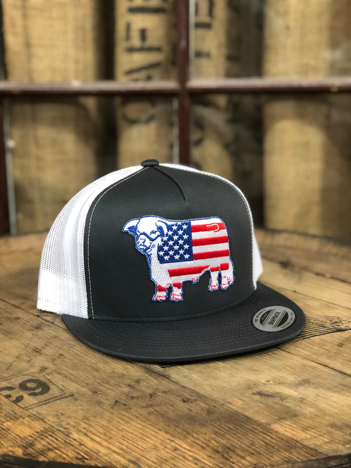 Lazy J Ranch Wear Grey & White 4" American Flag Bull Cap
