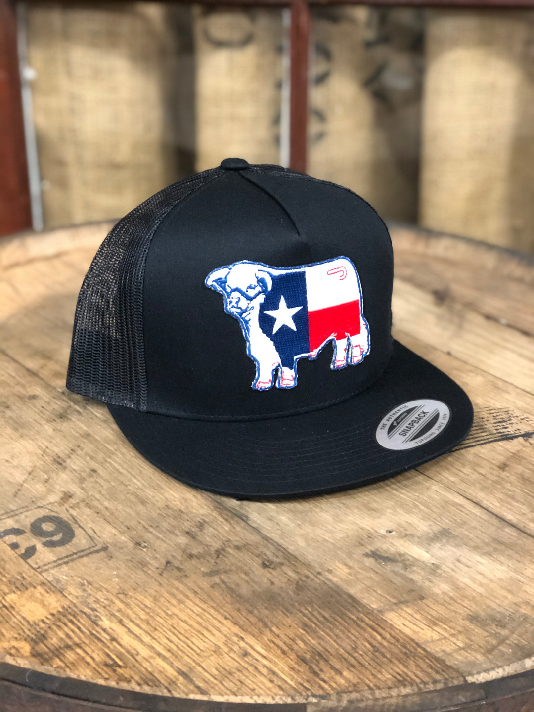 Lazy J Ranch Wear Black & Black 4" Texas Flag Bull Cap