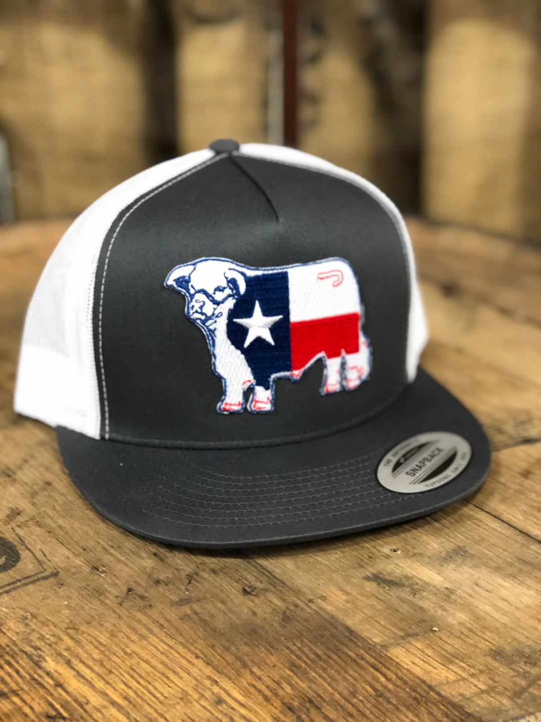 Lazy J Ranch Wear Grey & White 4" Texas Flag Bull Cap