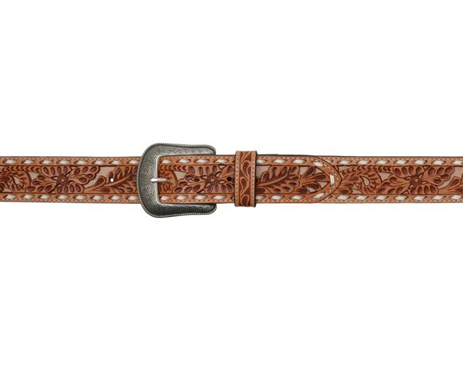 Natural Tooled Floral and Natural Roughout Leather Belt